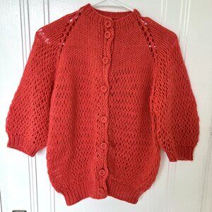 Vintage Short Sleeve Acrylic Homemade Knit Button Up Orange Cardigan Sweater